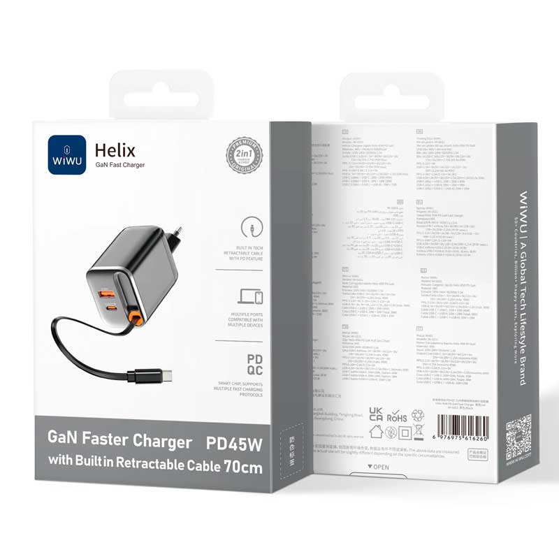 Зарядное устройство Helix GaN Faster Charger PD45W with Built in Retractable Cable 70cm Wi-G021